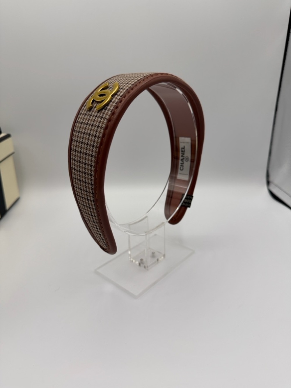 CHANEL Brown Tweed Headband with Gold CC Emblem